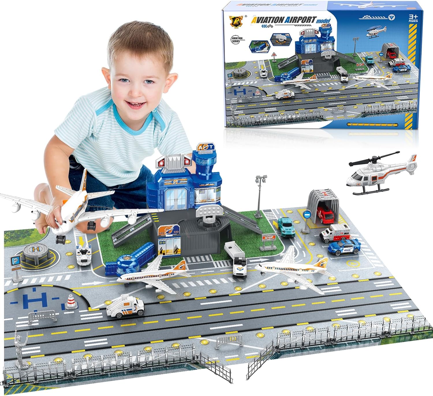 Kids Toys Helicopter - Children's Airport Scene Toy Set with